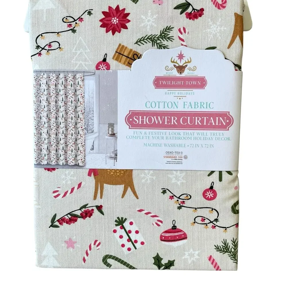 Twilight Town Christmas Fabric Shower Curtain Pop of Color Holiday 72x72 NEW